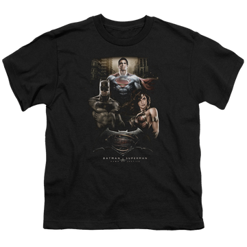 Black youth t-shirt for ages 8 to 12 with Batman v Superman Thre Three graphic