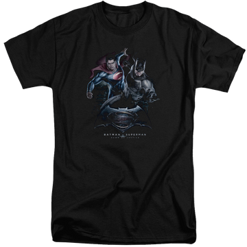 Black men's tall fit t-shirt with Batman v Superman Team Up graphic
