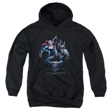 Black youth hoodie for ages 8 to 12 with Batman v Superman Team Up graphic
