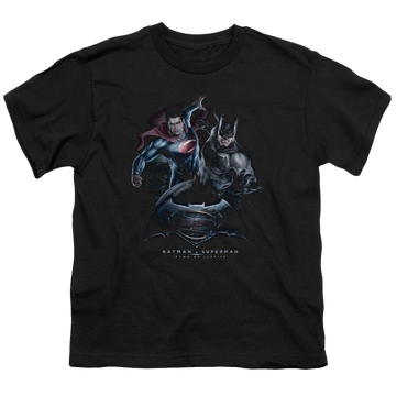 Black youth t-shirt for ages 8 to 12 with Batman v Superman Team Up graphic
