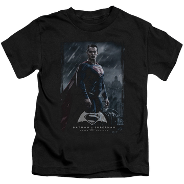 Black kid's t-shirt for ages 4 to 7 with Batman v Superman Supe Poster graphic