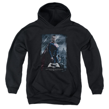 Black youth hoodie for ages 8 to 12 with Batman v Superman Supe Poster graphic