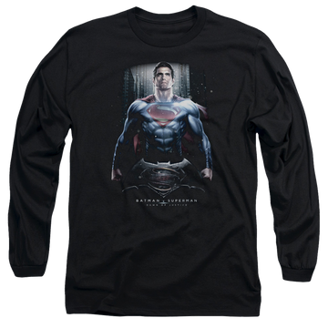 Black men's long sleeve t-shirt with Batman v Superman Supe Ground Zero graphic
