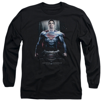 Black men's long sleeve t-shirt with Batman v Superman Supe Ground Zero graphic
