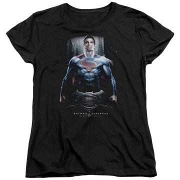 Black women's t-shirt with Batman v Superman Supe Ground Zero graphic