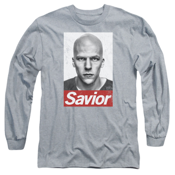 Athletic heather men's long sleeve t-shirt with Batman v Superman Savior graphic