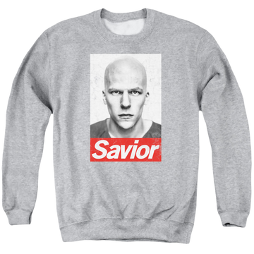 Athletic heather men's crewneck sweatshirt with Batman v Superman Savior graphic