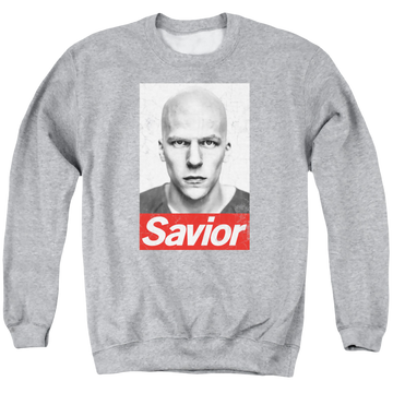 Athletic heather men's crewneck sweatshirt with Batman v Superman Savior graphic