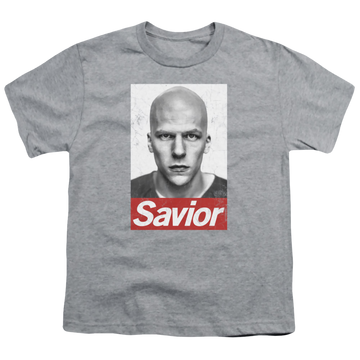 Athletic heather youth t-shirt for ages 8 to 12 with Batman v Superman Savior graphic