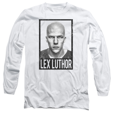White men's long sleeve t-shirt with Batman v Superman Luthor graphic