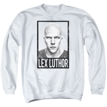 White men's crewneck sweatshirt with Batman v Superman Luthor graphic