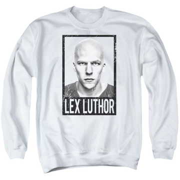 White men's crewneck sweatshirt with Batman v Superman Luthor graphic