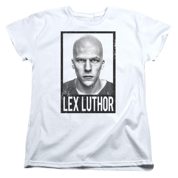 White women's t-shirt with Batman v Superman Luthor graphic