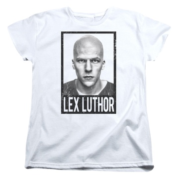 White women's t-shirt with Batman v Superman Luthor graphic