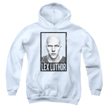 White youth hoodie for ages 8 to 12 with Batman v Superman Luthor graphic