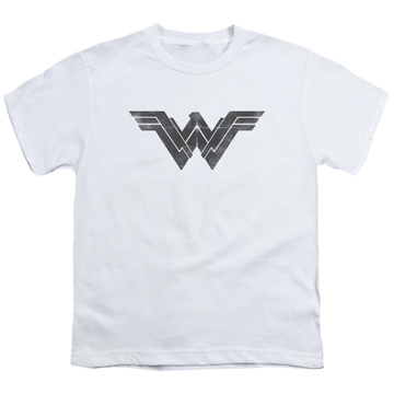 White youth t-shirt for ages 8 to 12 with Batman v Superman Folded And Distressed graphic