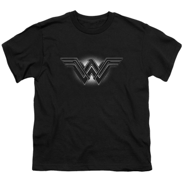 Black youth t-shirt for ages 8 to 12 with Batman v Superman Glow Emblem graphic