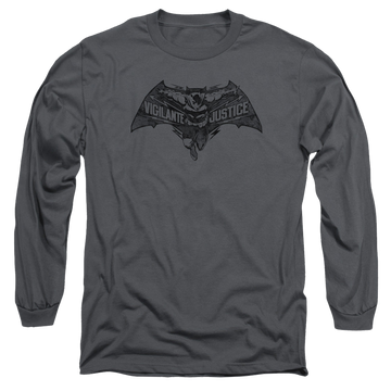Charcoal men's long sleeve t-shirt with Batman v Superman Vigilante Justice graphic