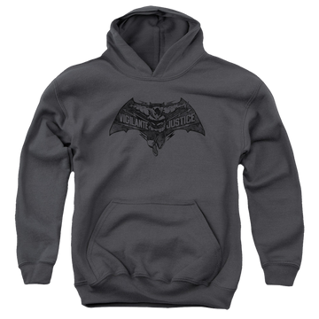 Charcoal youth hoodie for ages 8 to 12 with Batman v Superman Vigilante Justice graphic