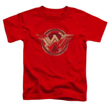 Red kid's t-shirt for ages 4 to 7 with Batman v Superman Wonder Shield graphic