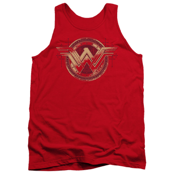 Red men's tank with Batman v Superman Wonder Shield graphic