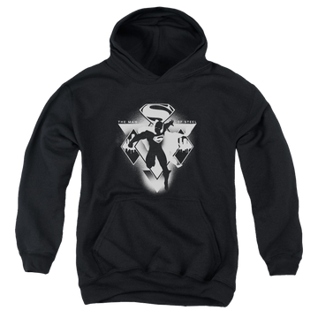 Black youth hoodie for ages 8 to 12 with Batman v Superman Triple Diamond graphic