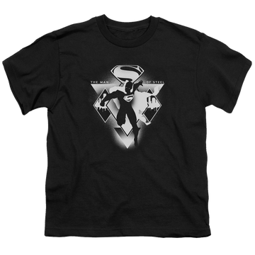 Black youth t-shirt for ages 8 to 12 with Batman v Superman Triple Diamond graphic
