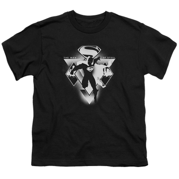 Black youth t-shirt for ages 8 to 12 with Batman v Superman Triple Diamond graphic