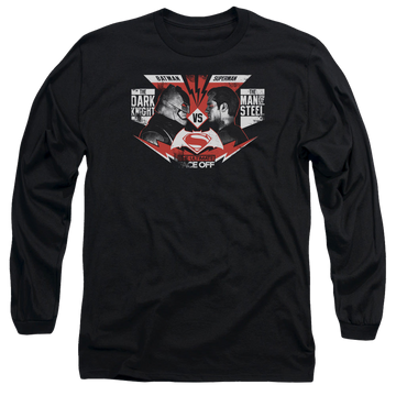Black men's long sleeve t-shirt with Batman v Superman Ultimate Face Off graphic