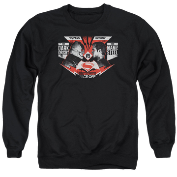 Black men's crewneck sweatshirt with Batman v Superman Ultimate Face Off graphic