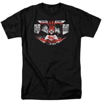 Black men's regular fit t-shirt with Batman v Superman Ultimate Face Off graphic
