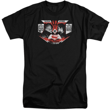 Black men's tall fit t-shirt with Batman v Superman Ultimate Face Off graphic