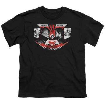 Black youth t-shirt for ages 8 to 12 with Batman v Superman Ultimate Face Off graphic