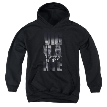 Black youth hoodie for ages 8 to 12 with Batman v Superman Rainy Viglante graphic