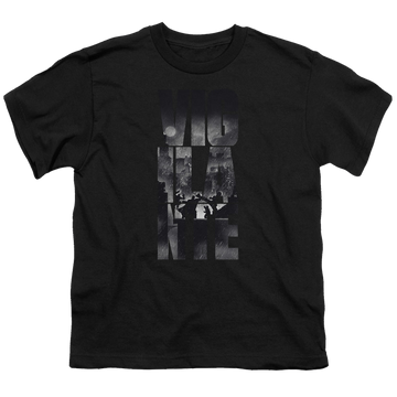 Black youth t-shirt for ages 8 to 12 with Batman v Superman Rainy Viglante graphic