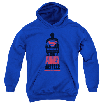 Royal youth hoodie for ages 8 to 12 with Batman v Superman Super Justice graphic