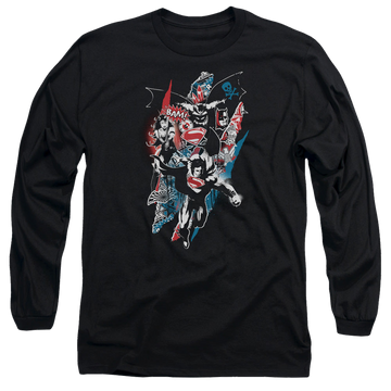 Black men's long sleeve t-shirt with Batman v Superman Ripped Trio 2 graphic