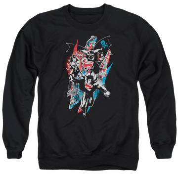 Black men's crewneck sweatshirt with Batman v Superman Ripped Trio 2 graphic