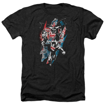 Charcoal men's heather t-shirt with Batman v Superman Ripped Trio 2 graphic