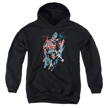 Black youth hoodie for ages 8 to 12 with Batman v Superman Ripped Trio 2 graphic