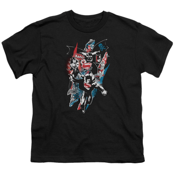 Black youth t-shirt for ages 8 to 12 with Batman v Superman Ripped Trio 2 graphic