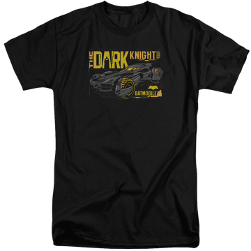 Black men's tall fit t-shirt with Batman v Superman Mobil Dark Knight graphic