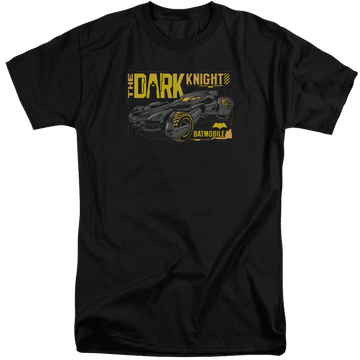 Black men's tall fit t-shirt with Batman v Superman Mobil Dark Knight graphic