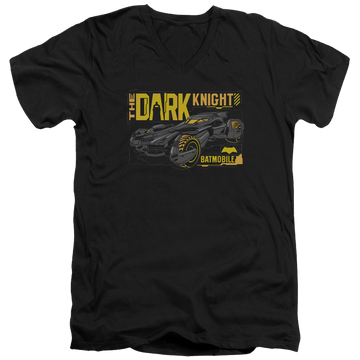 Black men's v-neck t-shirt with Batman v Superman Mobil Dark Knight graphic