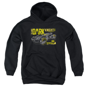 Black youth hoodie for ages 8 to 12 with Batman v Superman Mobil Dark Knight graphic