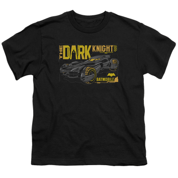 Black youth t-shirt for ages 8 to 12 with Batman v Superman Mobil Dark Knight graphic