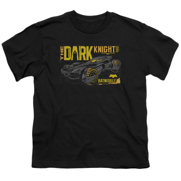 Black youth t-shirt for ages 8 to 12 with Batman v Superman Mobil Dark Knight graphic