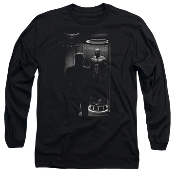 Black men's long sleeve t-shirt with Batman v Superman Suit Up graphic