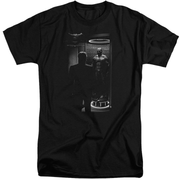 Black men's tall fit t-shirt with Batman v Superman Suit Up graphic