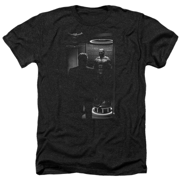 Charcoal men's heather t-shirt with Batman v Superman Suit Up graphic